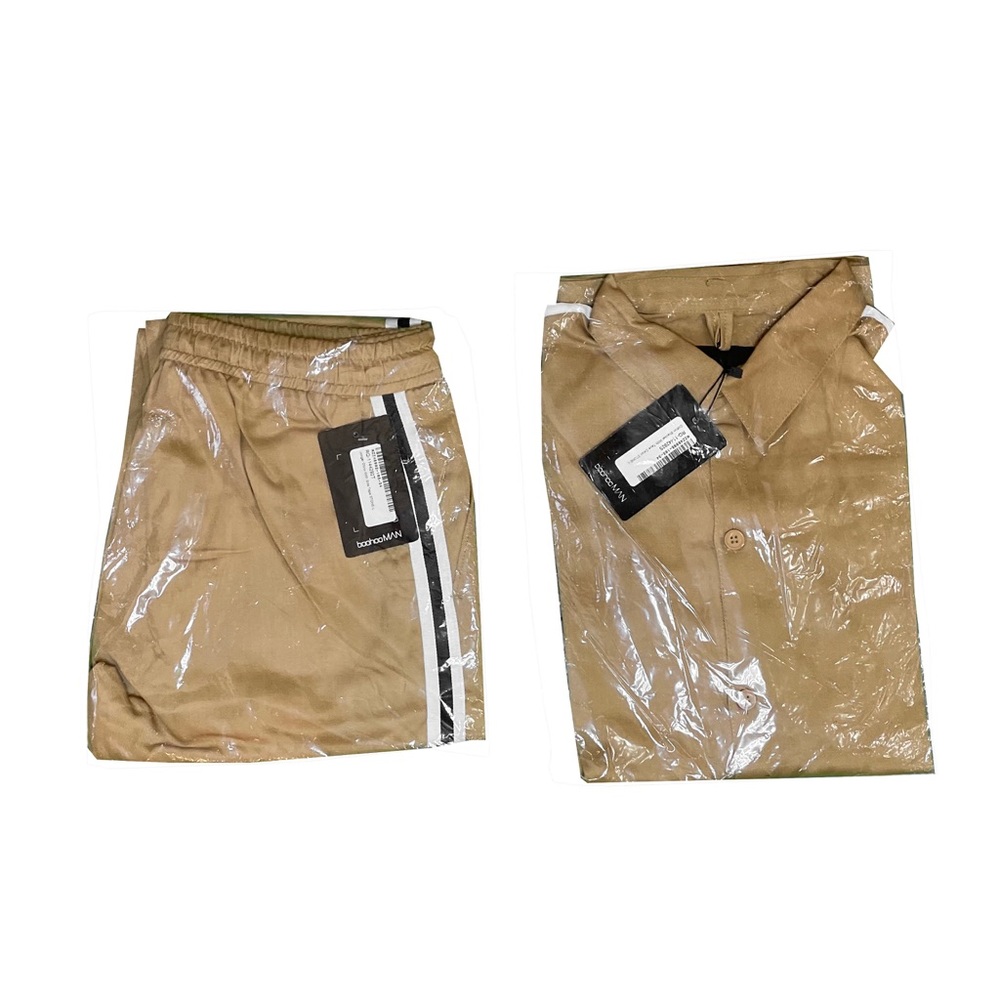 Boohoo man tan shirt and pants set size large